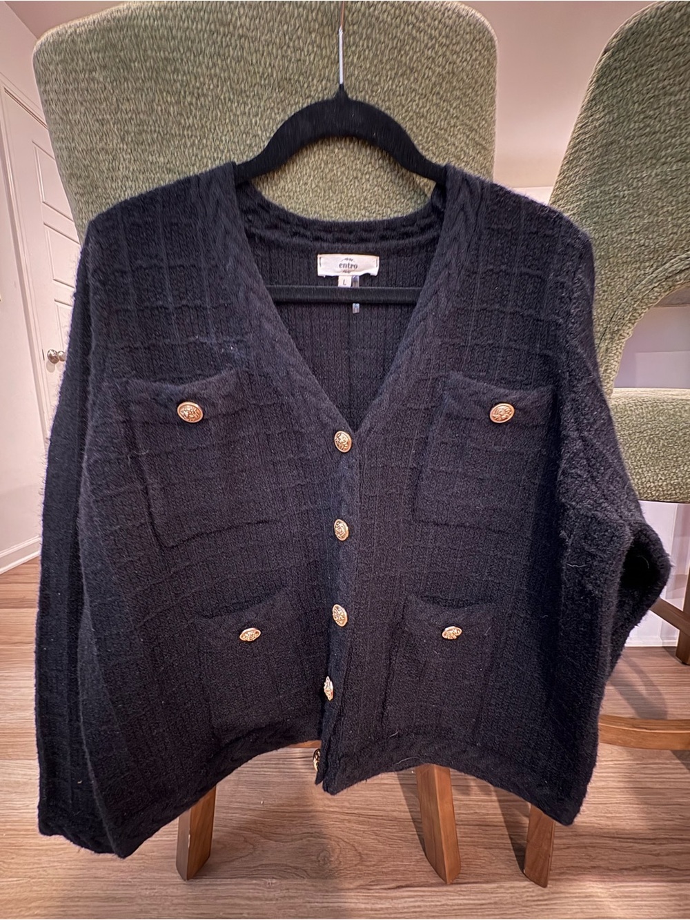 entro Black Knit Button-Front Cardigan with Gold Buttons
